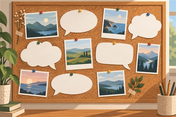 吹き出しを添えた写真のコルクボードのイメージイラスト