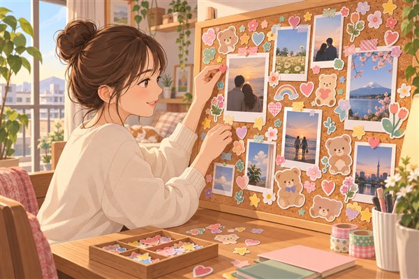 シールでにぎやかに飾ったコルクボードのイメージイラスト