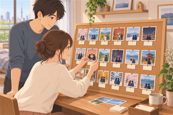 写真を思い出の順に並べたコルクボードのイメージイラスト