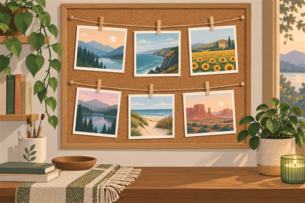 麻紐と木製クリップで写真を飾ったコルクボードのイメージイラスト