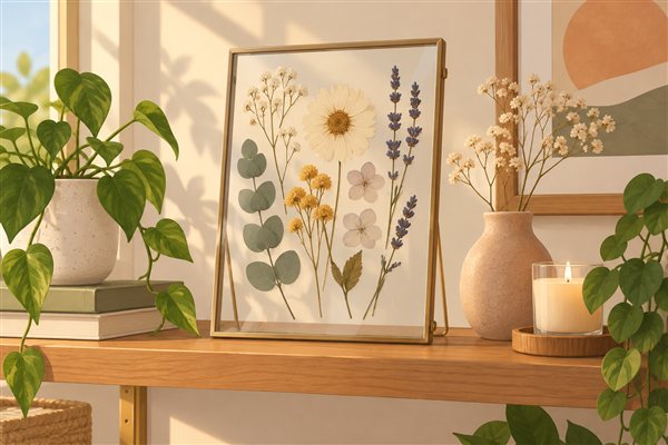 ガラスフレームに入れたドライフラワーのイメージイラスト