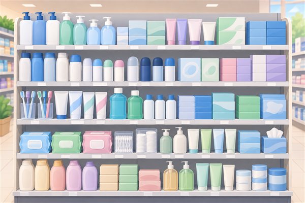 ドラッグストアの衛生用品の棚のイメージイラスト