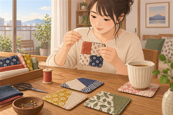 布で手作りしたコースターのイメージイラスト