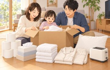 ふるさと納税で届いた日用品の返礼品を開ける家族（イラスト）