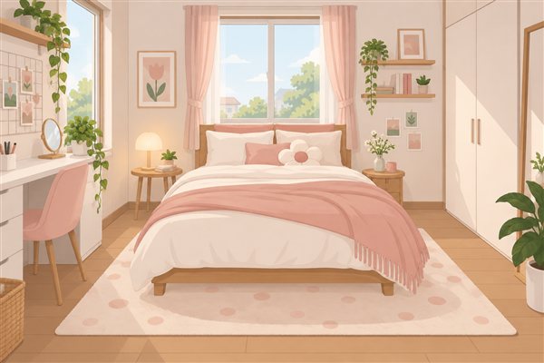 部屋の真ん中にベッドを置いたレイアウトのイメージイラスト