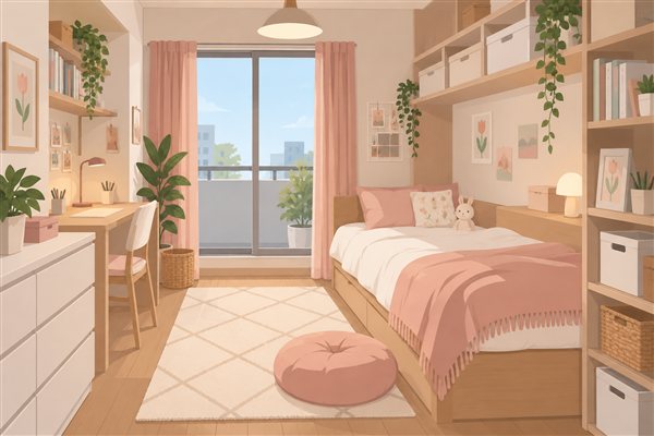 ベッドの近くに収納を寄せた部屋のイメージイラスト