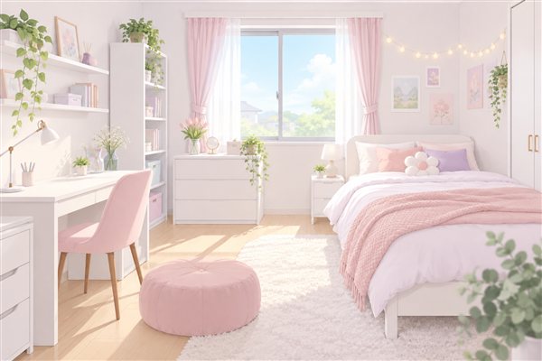 色を統一して広く見せる女子高生の部屋のイメージイラスト