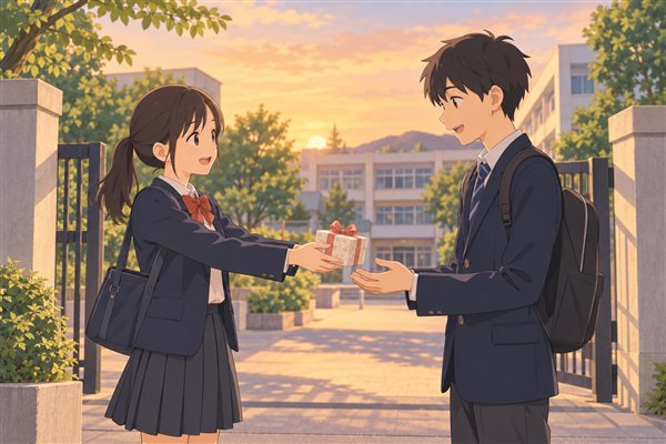中学生が友達にプレゼントを渡すイメージイラスト