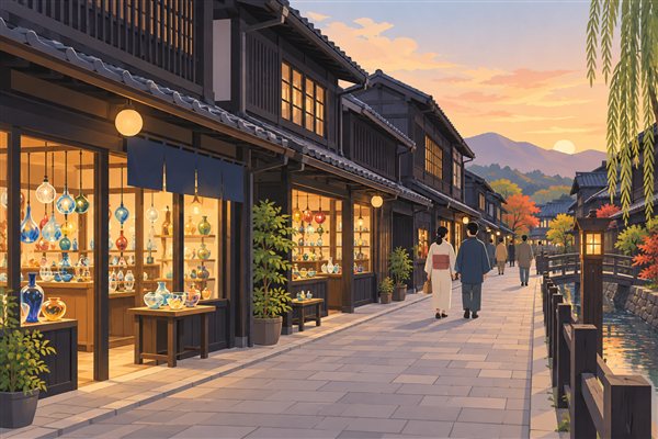 ガラス工芸の店が並ぶレトロな通りのイメージイラスト