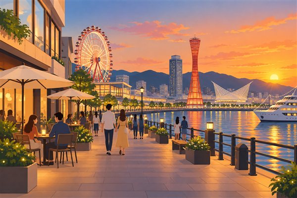 観覧車と港の夕景のイメージイラスト