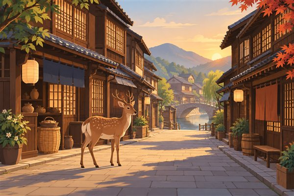 格子戸の町家が並ぶ古い町並みのイメージイラスト
