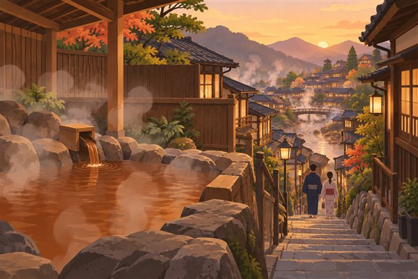 湯けむりの温泉街のイメージイラスト