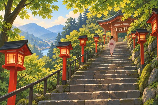赤い灯籠が並ぶ神社の石段のイメージイラスト