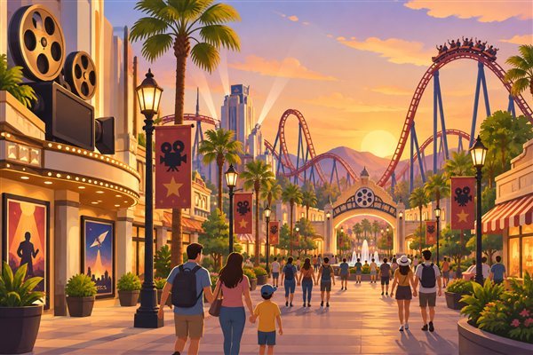 映画の世界をテーマにした遊園地のイメージイラスト