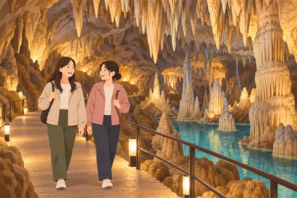 鍾乳洞の中を歩く女性2人のイメージイラスト