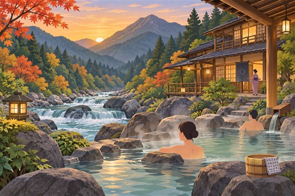 川沿いの露天風呂のある秘湯のイメージイラスト