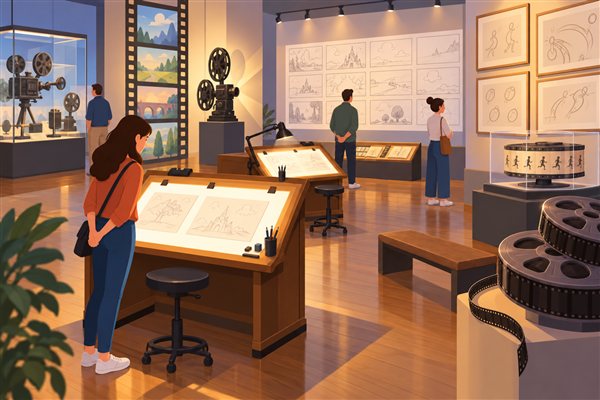 アニメーション制作の展示がある小さな美術館のイメージイラスト