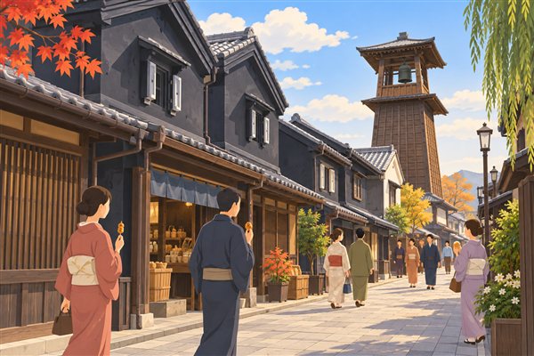 蔵造りの町並みと時の鐘のような鐘楼のイメージイラスト