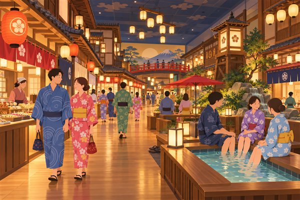 江戸の町並みを再現した温泉施設のイメージイラスト