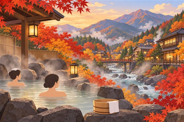 紅葉に囲まれた山あいの温泉のイメージイラスト