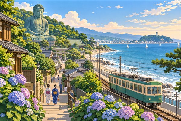 大仏とあじさいと海辺を走る電車のイメージイラスト