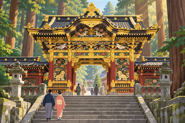 極彩色の彫刻の門がある神社のイメージイラスト