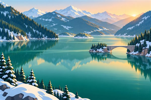 エメラルドグリーンの山あいの湖のイメージイラスト