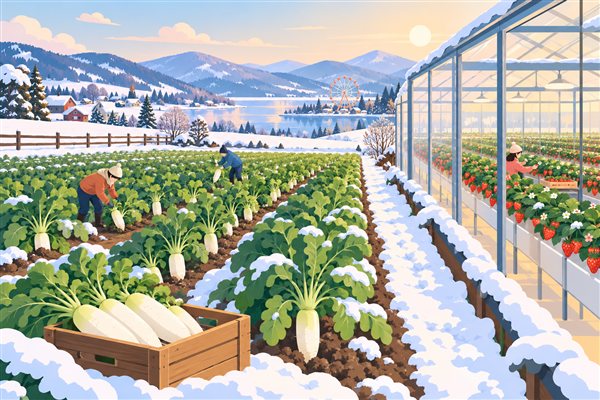 冬野菜やいちごの収穫体験ができる農園のイメージイラスト