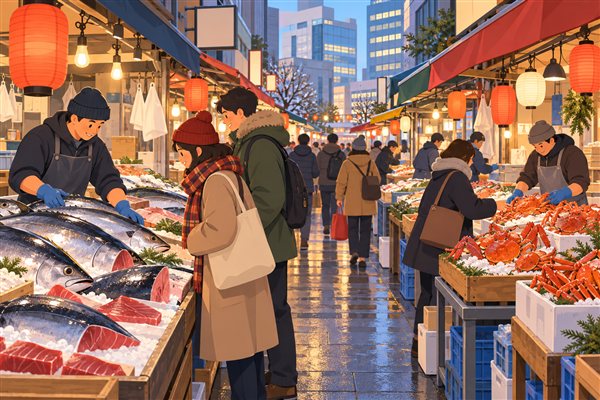 海産物の店が並ぶ市場の通りのイメージイラスト