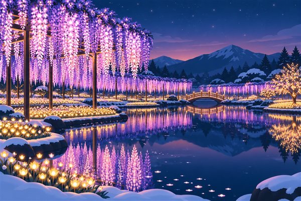 花のイルミネーションが池に映るフラワーパークのイメージイラスト