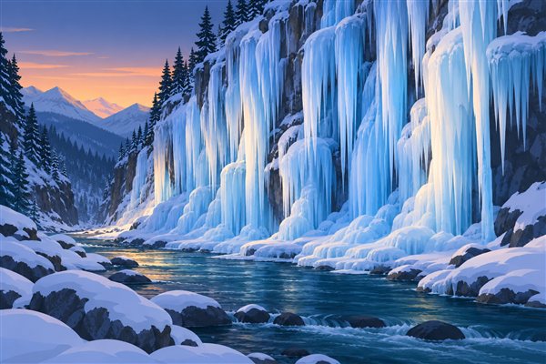 渓谷にできた天然の氷柱のイメージイラスト