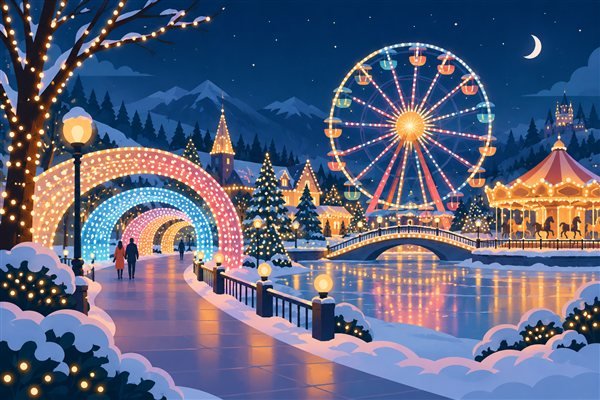 よみうりランドのような遊園地の冬のイルミネーションのイメージイラスト