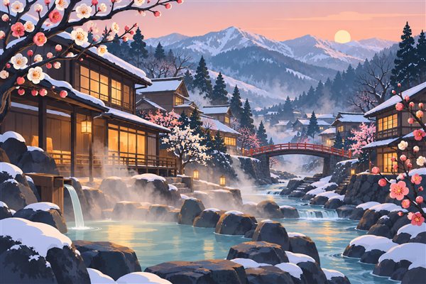 梅の花と湯けむりの温泉街のイメージイラスト