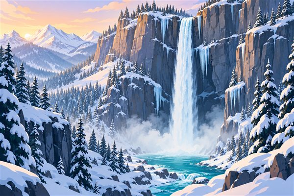 雪と氷柱に囲まれた冬の大きな滝のイメージイラスト