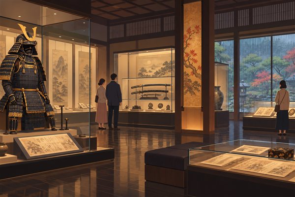 甲冑や刀を展示した歴史博物館のイメージイラスト
