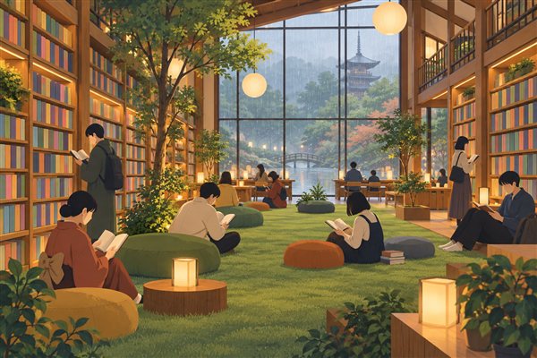 本棚に囲まれてマンガを読める施設のイメージイラスト