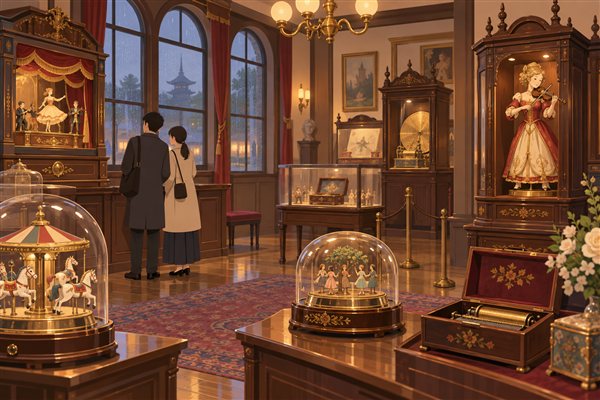 アンティークのオルゴールが並ぶ博物館のイメージイラスト