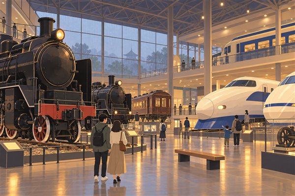 蒸気機関車と新幹線が並ぶ鉄道博物館のイメージイラスト