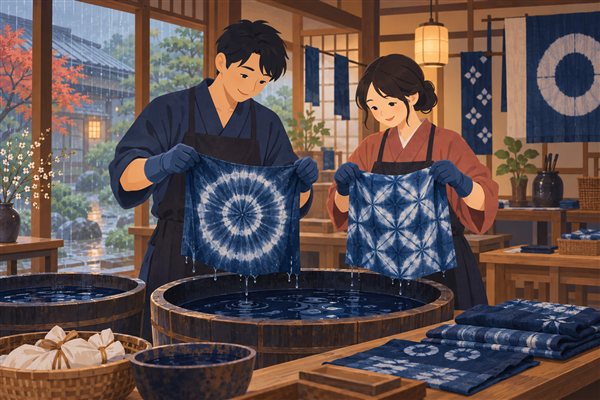 絞り染めを体験するカップルのイメージイラスト