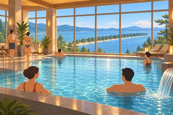 湾の砂州を眺める屋内の温泉プール施設のイメージイラスト