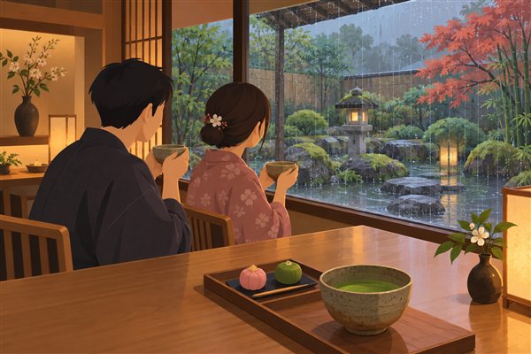 雨の庭を眺めながら抹茶を楽しむお茶のサロンのイメージイラスト