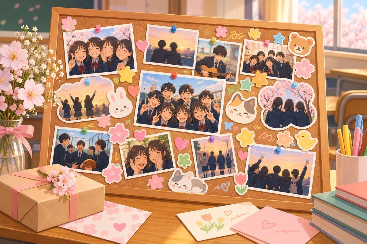 写真とシールで飾った寄せ書きコルクボード