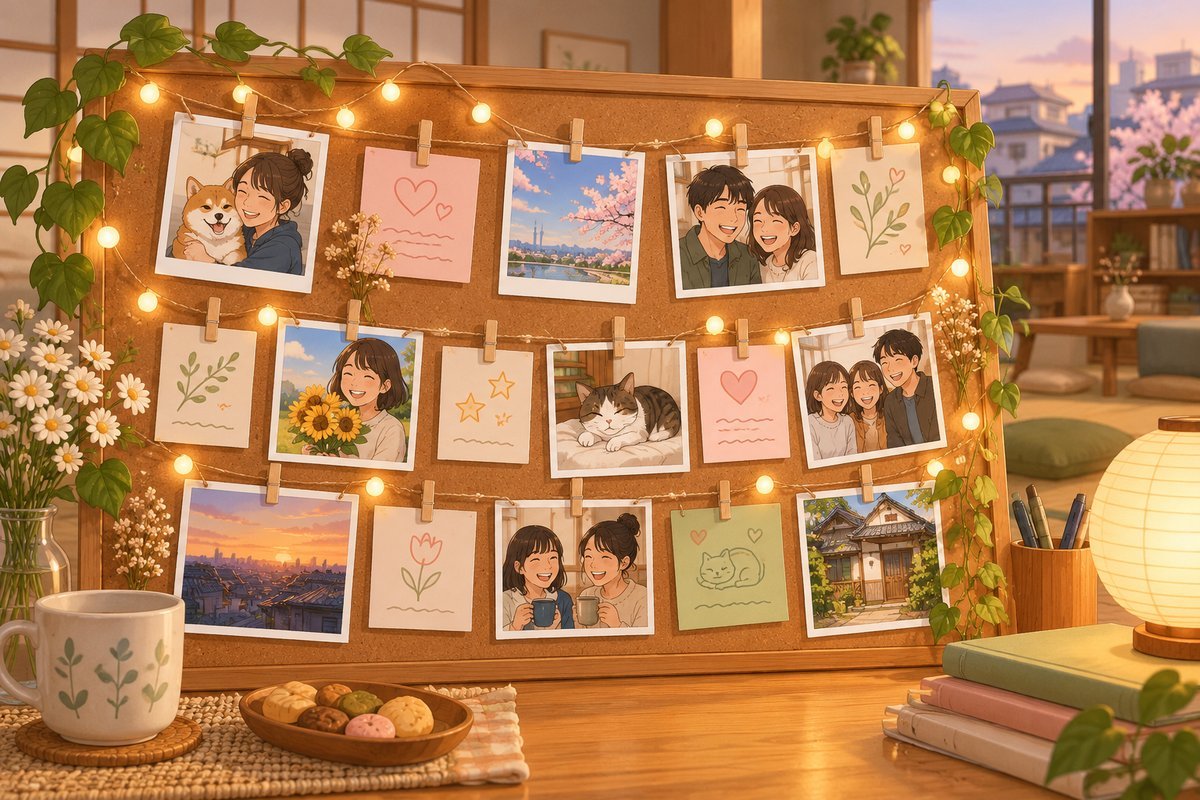紐で写真とメッセージを吊るしたコルクボード