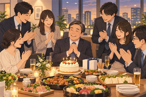 職場で上司の誕生日をケータリングで祝うイメージイラスト