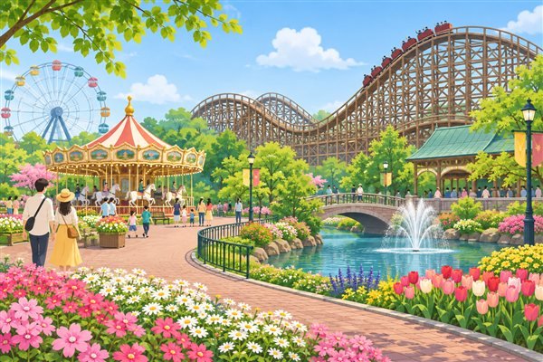 木製コースターのある遊園地のイメージイラスト