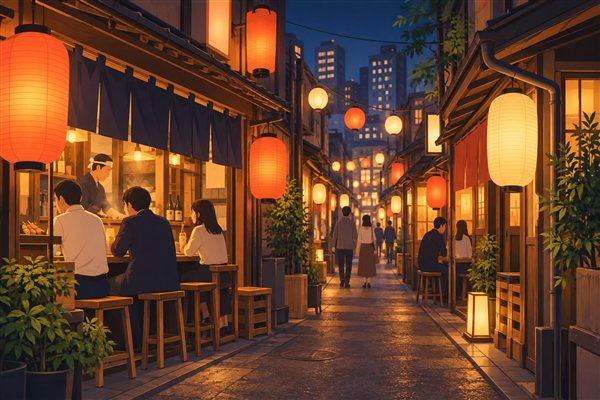 提灯が灯る路地の飲食店街のイメージイラスト