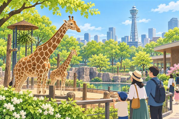 タワーが見える都会の動物園のイメージイラスト