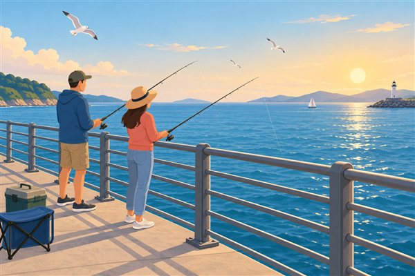 海に面した釣り公園で釣りを楽しむカップルのイメージイラスト