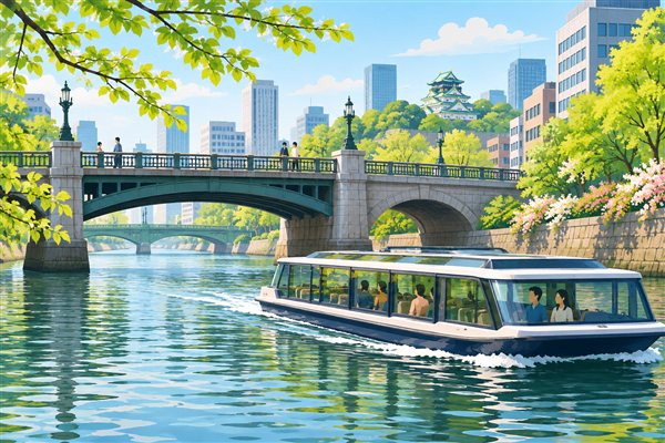 川を進む水上バスのイメージイラスト