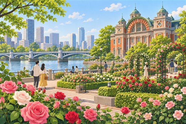 バラ園と赤レンガの建物がある川沿いの公園のイメージイラスト